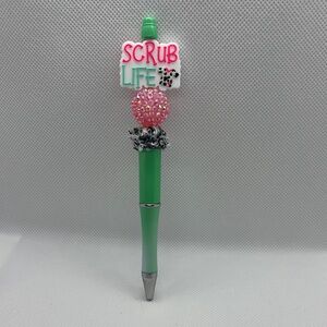Handmade Focal Bead Scrub Life Green Pen with Pink Accents